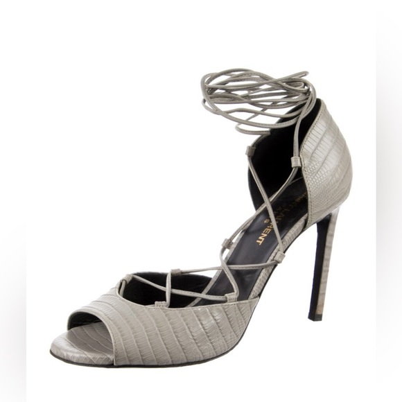 Saint Laurent Embossed Leather Gladiator Open Toe Heels Gray lace up ankle Wrap - Picture 3 of 10